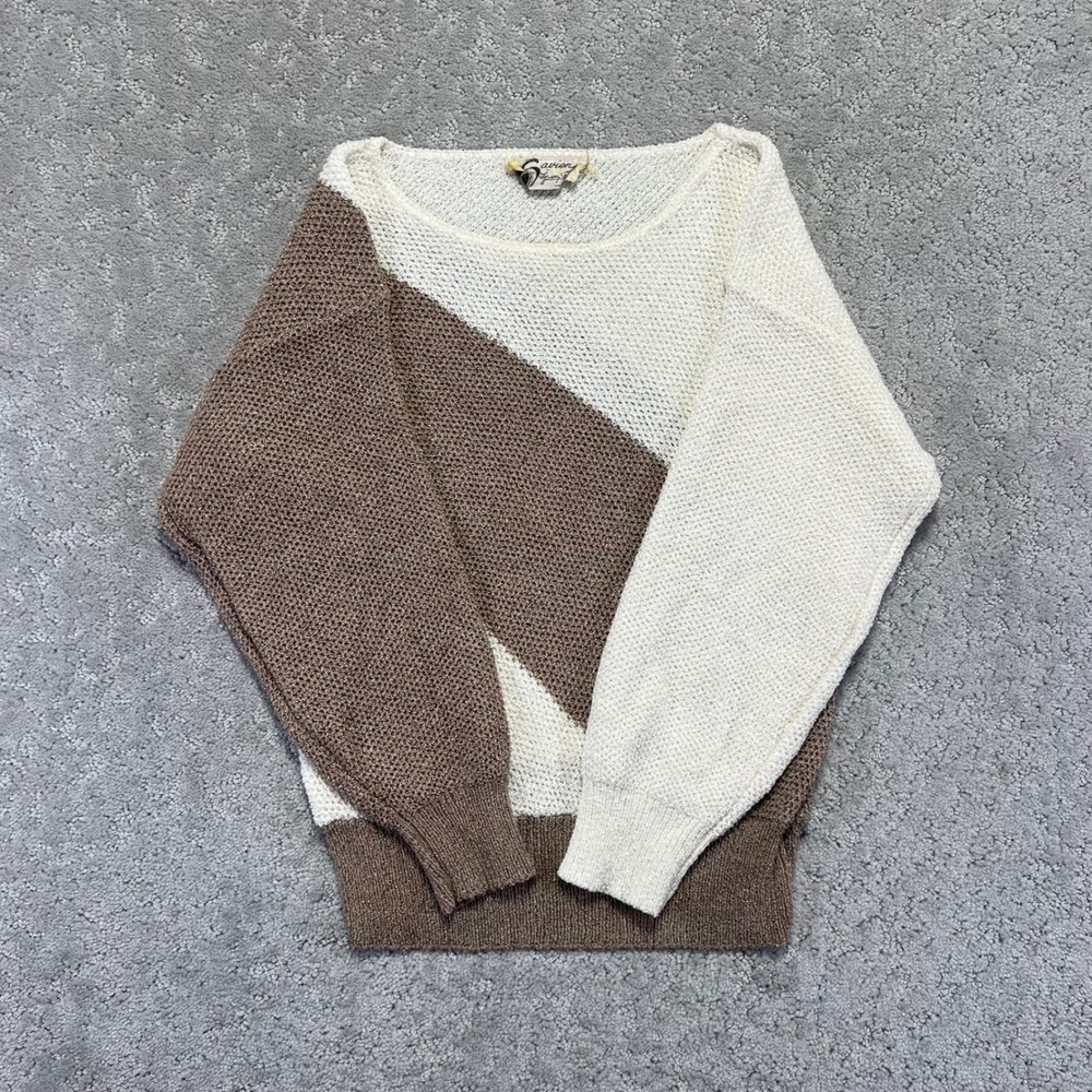 VINTAGE Savion Sweater Girls Size 12 Brown White Rayon Nylon Blend Knit Pullover